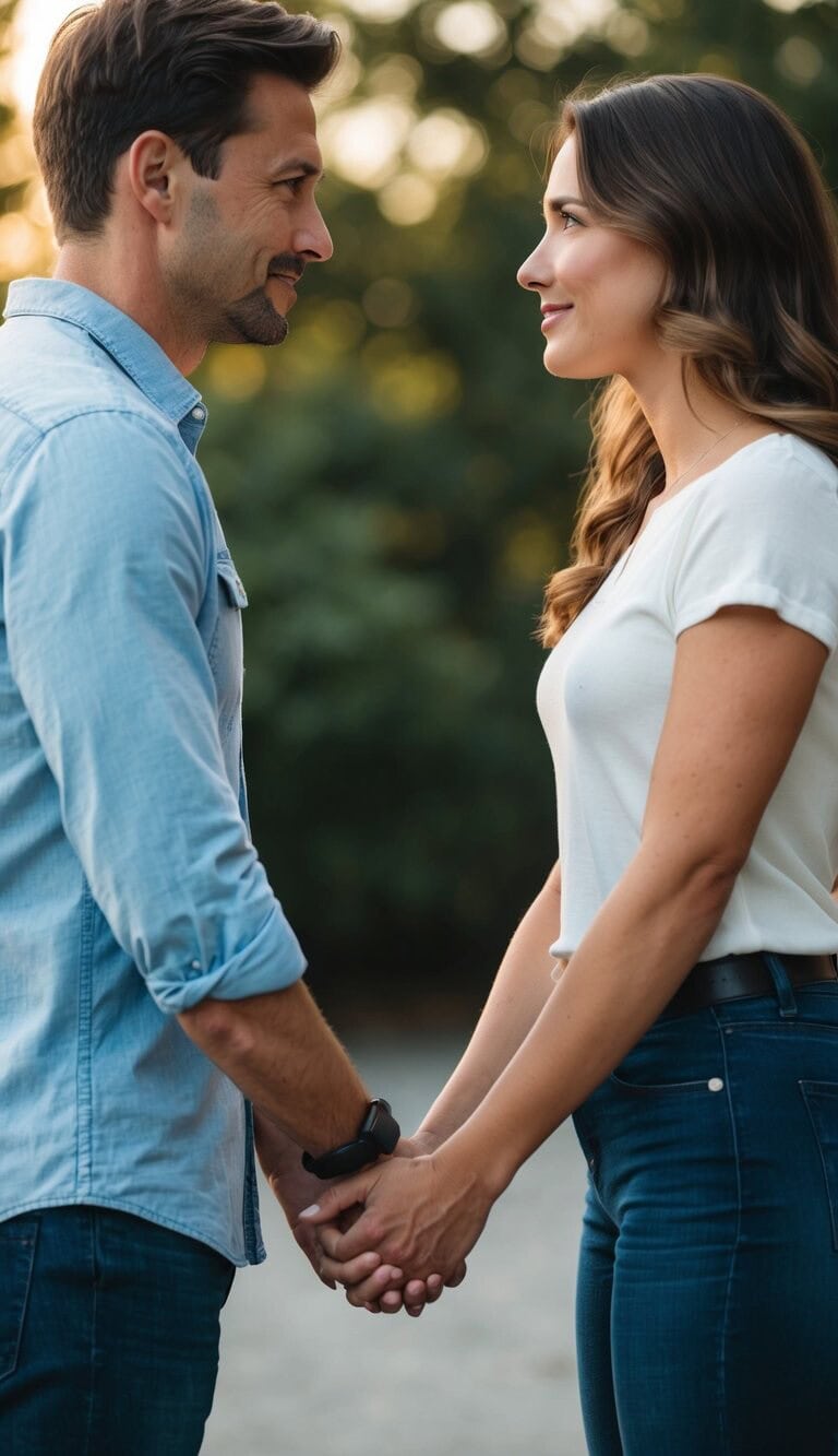 Un hombre y una mujer están de pie frente a frente, tomados de la mano y mirándose a los ojos con un sentido de apoyo mutuo y comprensión.