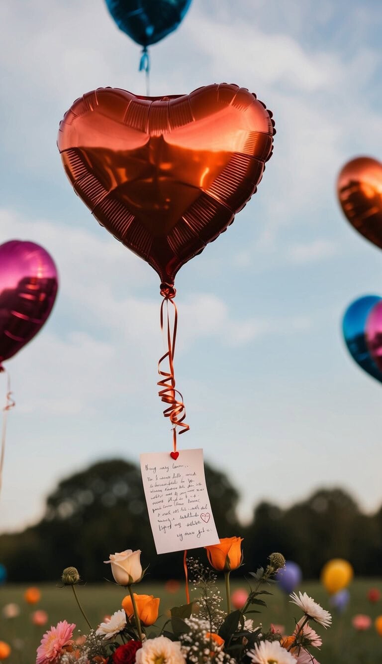 Un globo en forma de corazón flotando en el aire, rodeado de globos más pequeños, flores y una nota escrita a mano