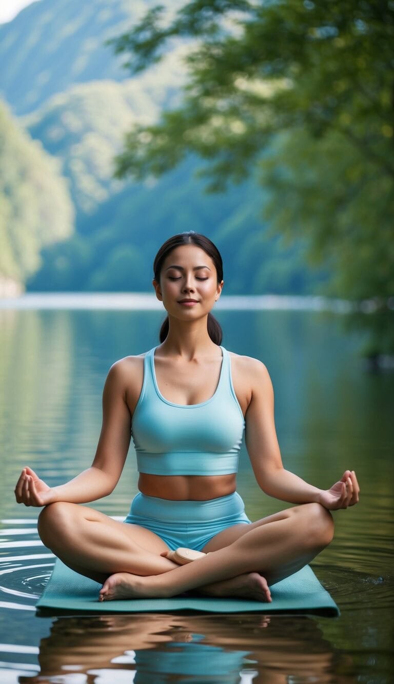 Una mujer serena sentada junto a un lago tranquilo, rodeada de naturaleza, practicando meditación o yoga para despejar su mente y concentrarse en sí misma.