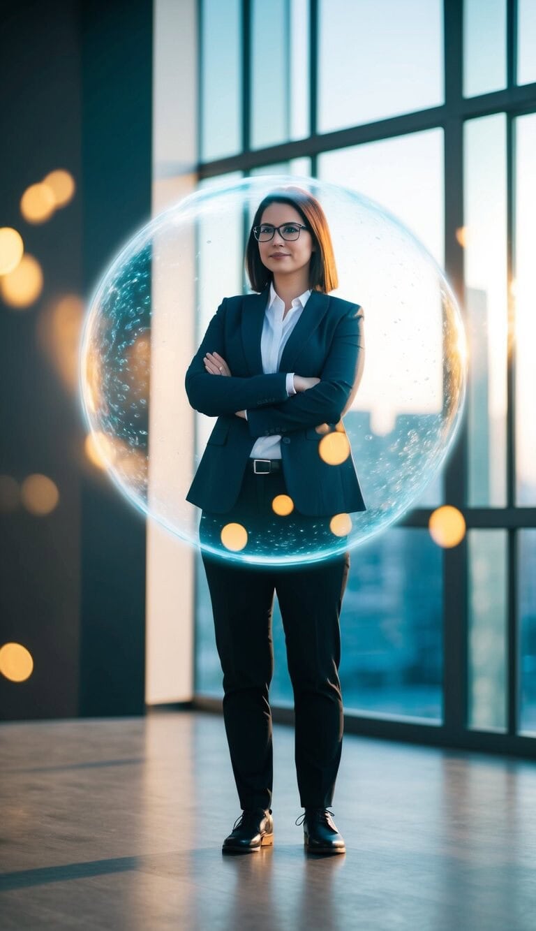 Una persona de pie con confianza mientras está rodeada por una burbuja de protección, desviando la energía negativa de compañeros de trabajo tóxicos.