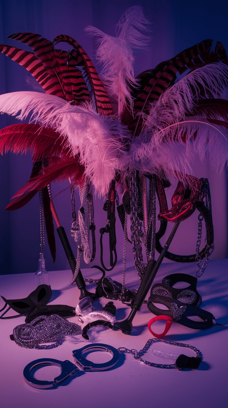 Una colección de plumas y artículos sensuales dispuestos de manera juguetona y seductora, invitando a las parejas a explorar y disfrutar de 19 juegos eróticos.