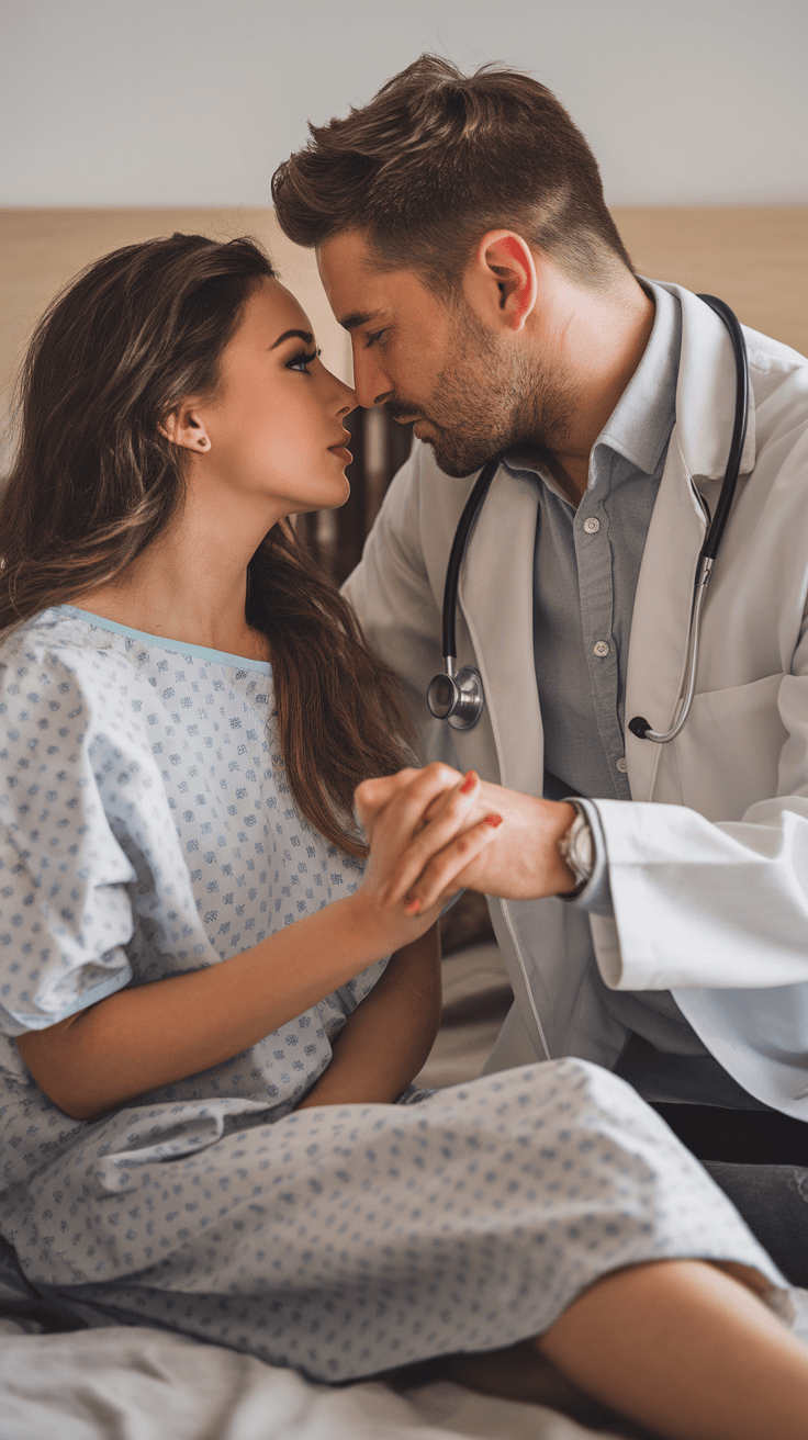 Una escena de juego de roles entre un médico y un paciente con matices sensuales, que presenta un entorno de examen médico con lenguaje corporal sugestivo y contacto visual íntimo.