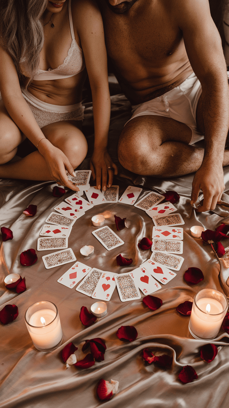 Una baraja de cartas íntimas esparcidas sobre un edredón de seda, rodeadas de velas parpadeantes y pétalos de rosa.