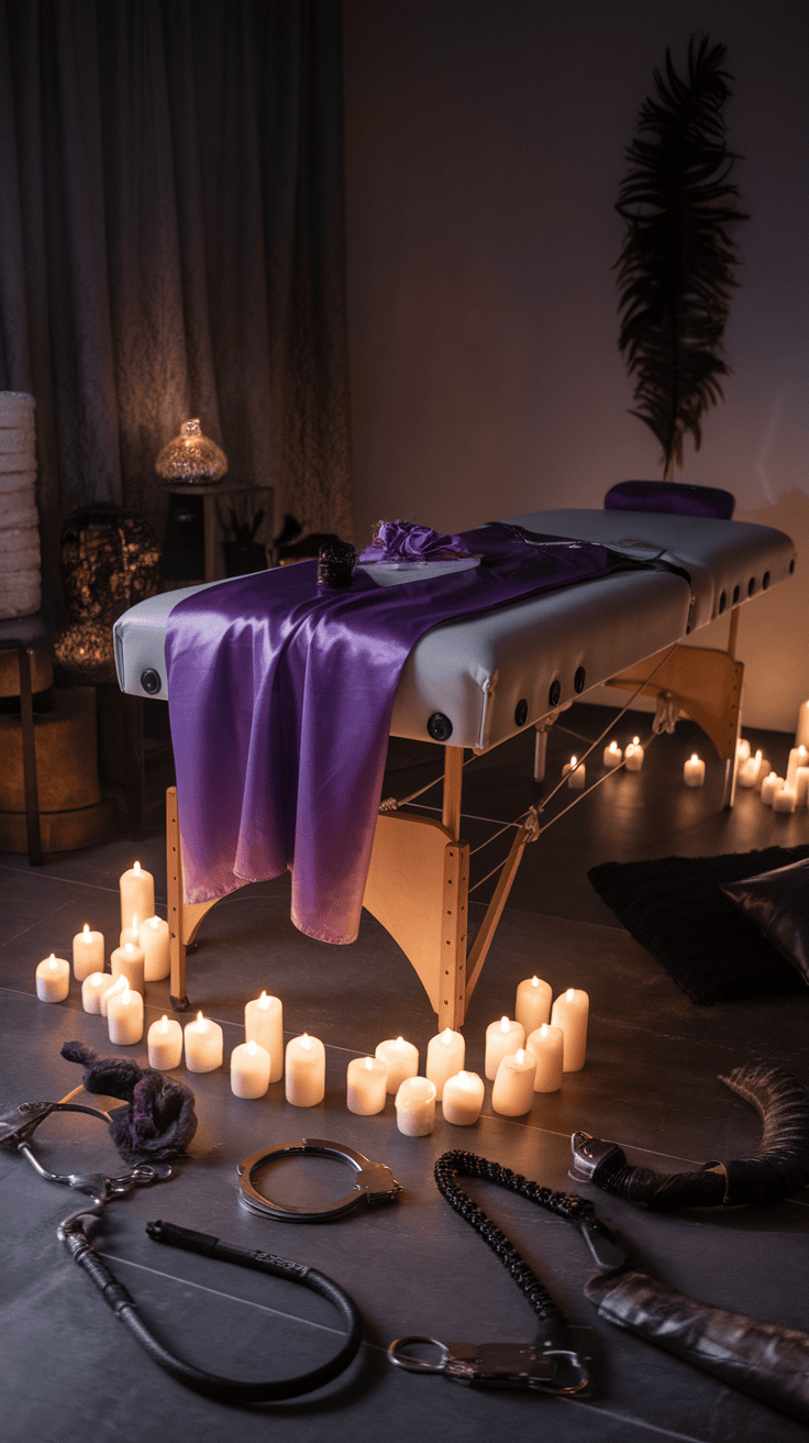 Un bloque de masaje rodeado de velas aromáticas, con juegos sensuales y eróticos esparcidos alrededor