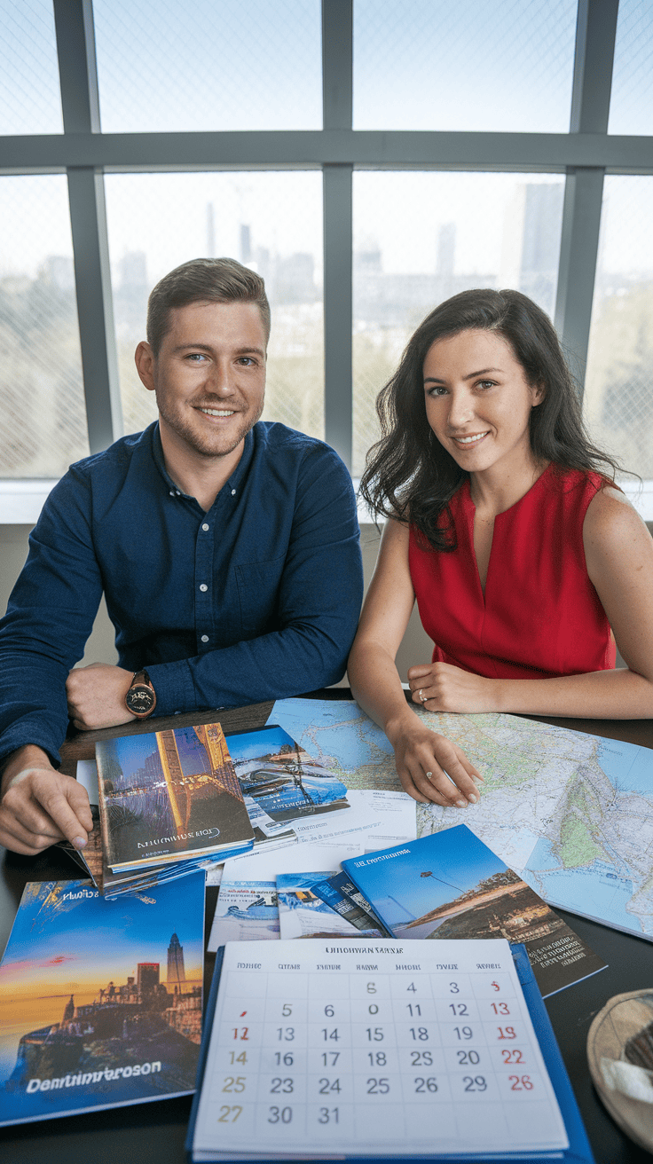 Un hombre y una mujer sentados en una mesa, rodeados de folletos de viaje, un mapa y un calendario con fechas futuras marcadas.