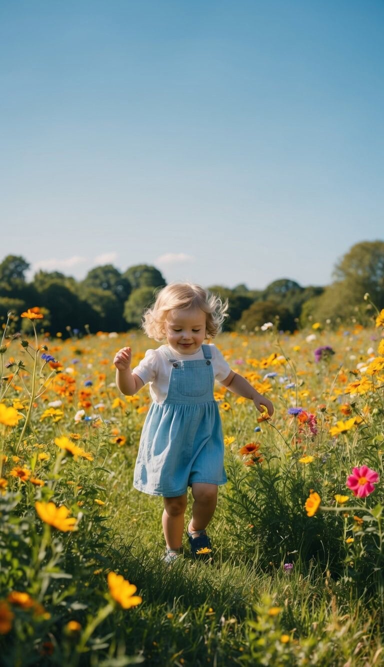 Un niño jugando en un prado iluminado por el sol, rodeado de coloridas flores silvestres y un cielo azul claro
