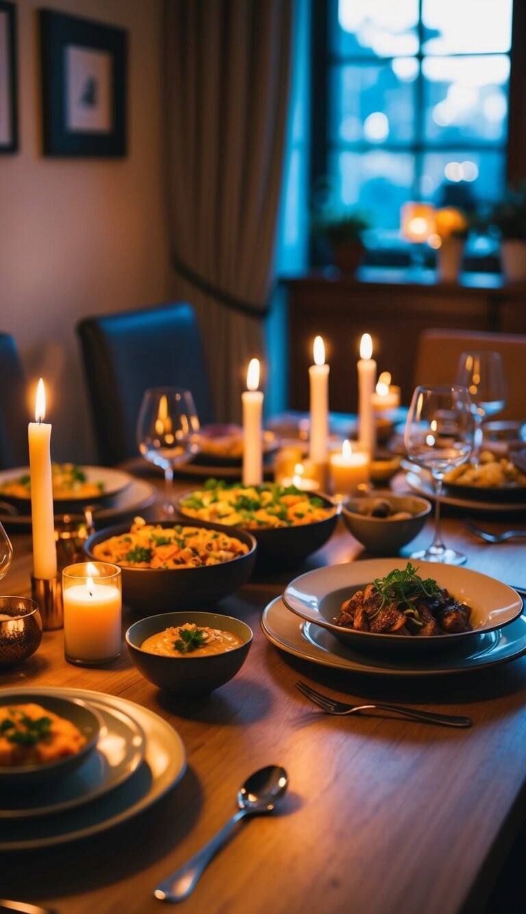 Una mesa de cena acogedora con una variedad de platos deliciosos, rodeada de suave luz de velas y un ambiente cálido y acogedor.