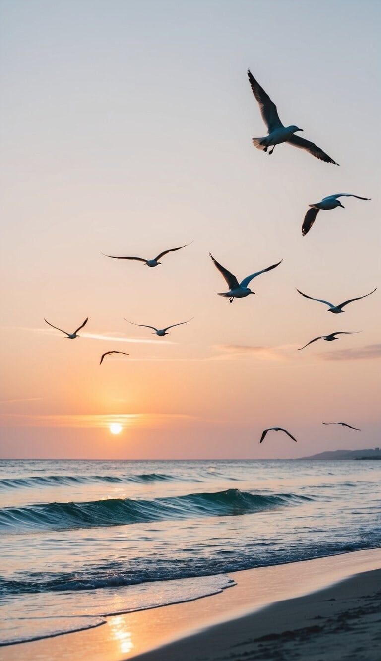 Una playa serena al atardecer, con suaves olas acariciando la orilla y gaviotas surcando el cielo, creando una atmósfera romántica y pacífica.