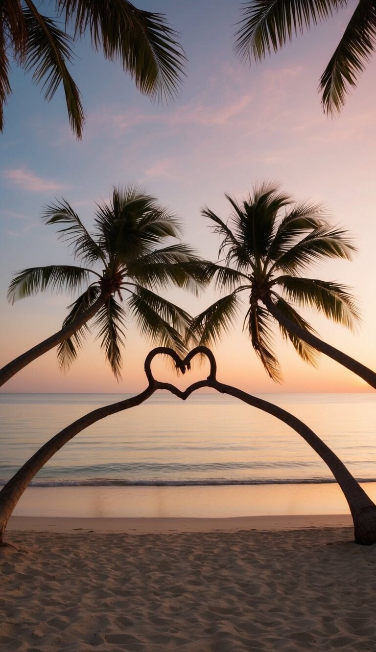 Una playa serena al atardecer, con dos palmeras inclinadas una hacia la otra, creando una forma de corazón con sus ramas entrelazadas
