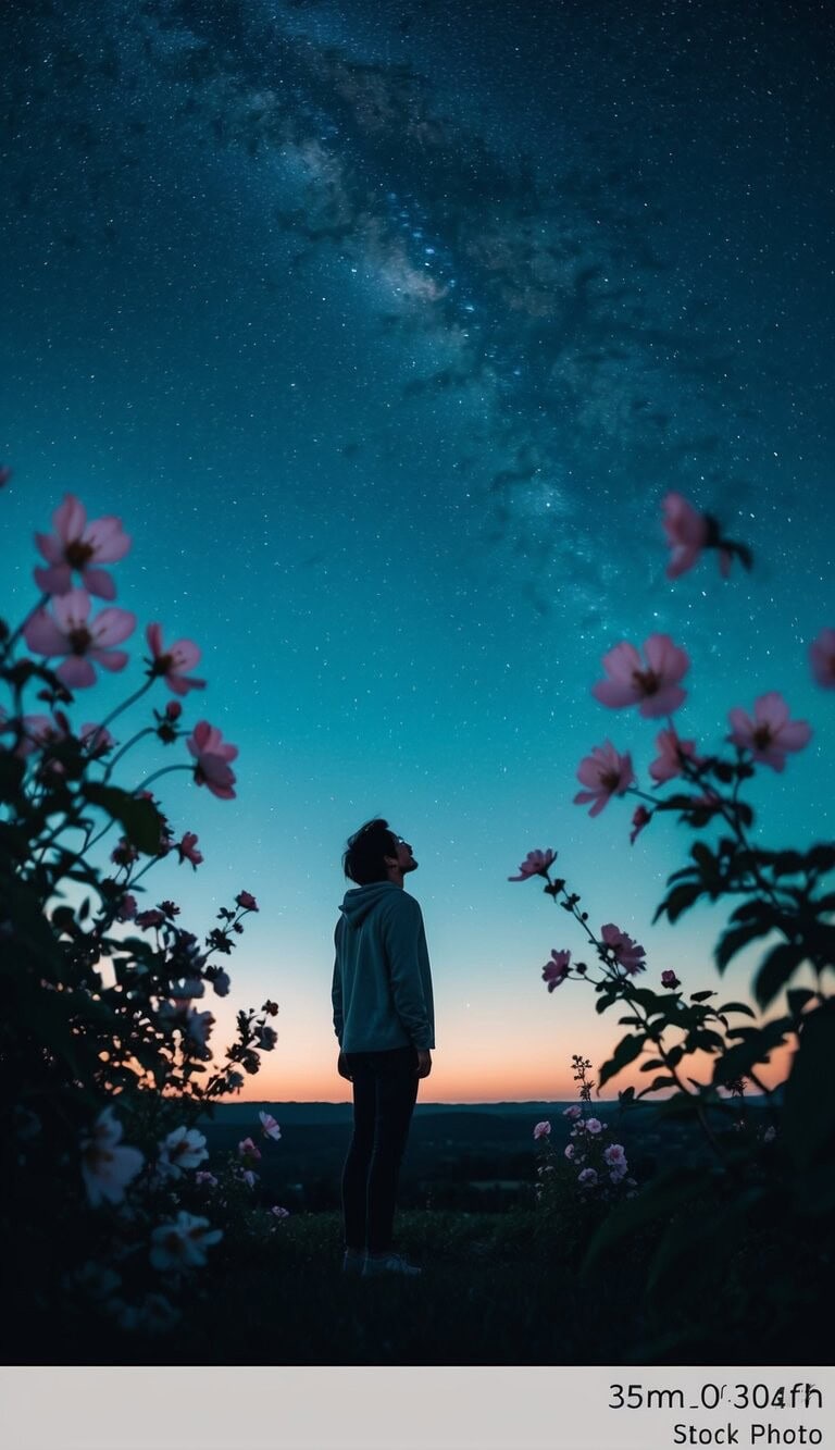 Una noche soñadora, iluminada por las estrellas, con una figura solitaria mirando hacia el cielo, rodeada de flores en flor y una suave brisa.