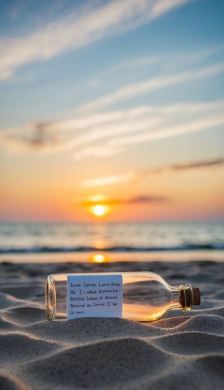 Una serena playa al atardecer con una carta de amor en una botella que llegó a la orilla