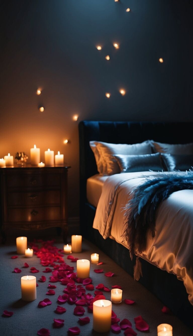 Una habitación tenuemente iluminada con velas dispersas y un camino de pétalos de rosa que conduce a una cama adornada con sábanas de seda y plumas