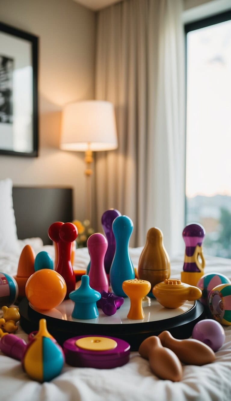 Una colección de juguetes y juegos sensuales dispuestos sobre una cama o mesa, con una iluminación suave y una atmósfera sugestiva.