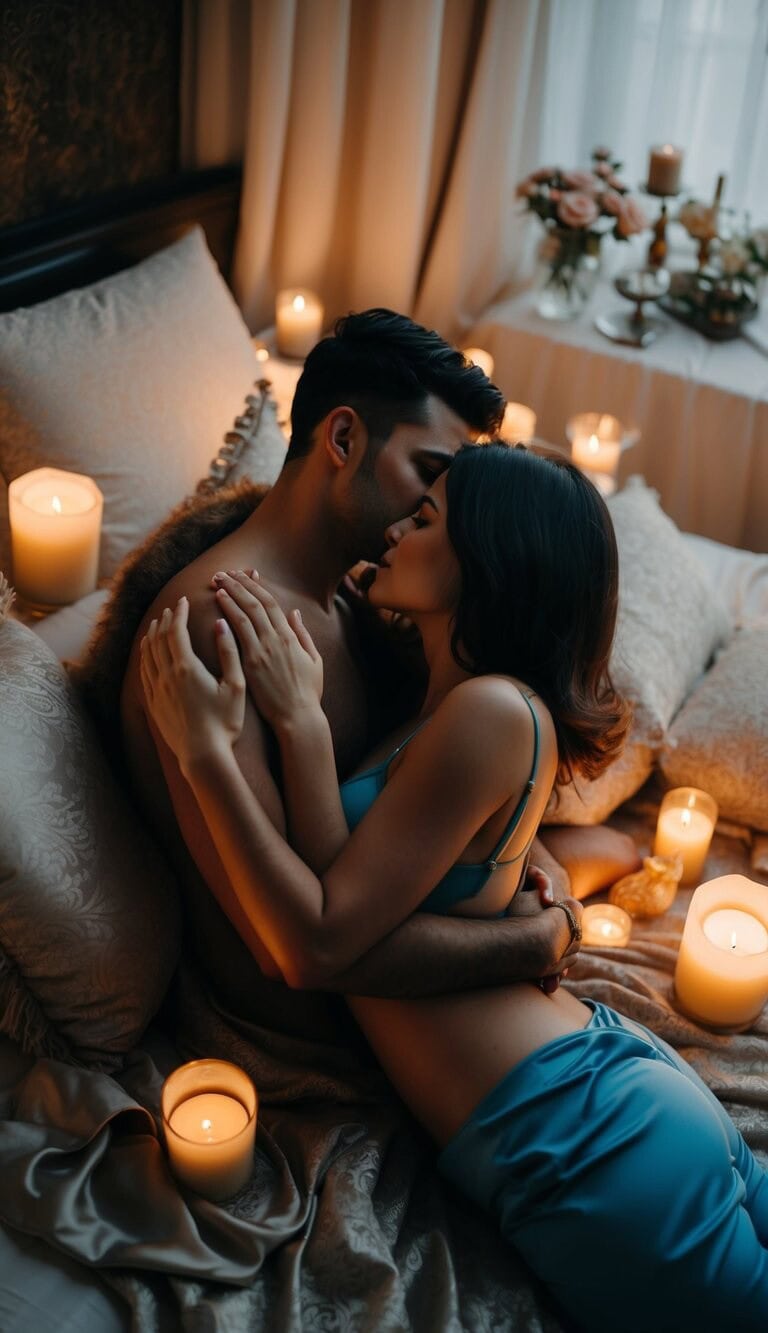 Una pareja comprometida en varias posiciones íntimas y sensuales del Kamasutra, rodeada de suave luz de velas y lujosas telas.