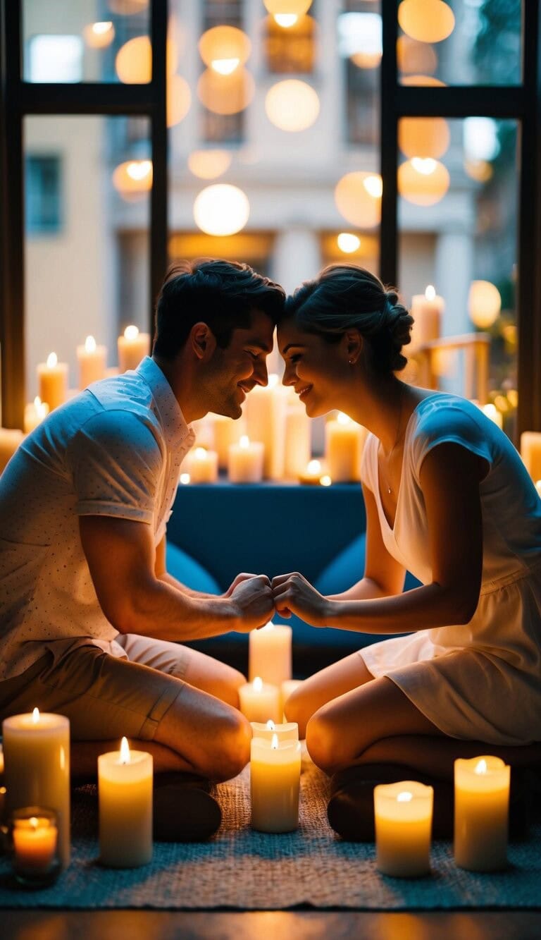 Una pareja se sienta frente a frente, rodeada de velas y una suave iluminación. Participan juguetonamente en juegos sensuales, creando una atmósfera íntima y romántica.