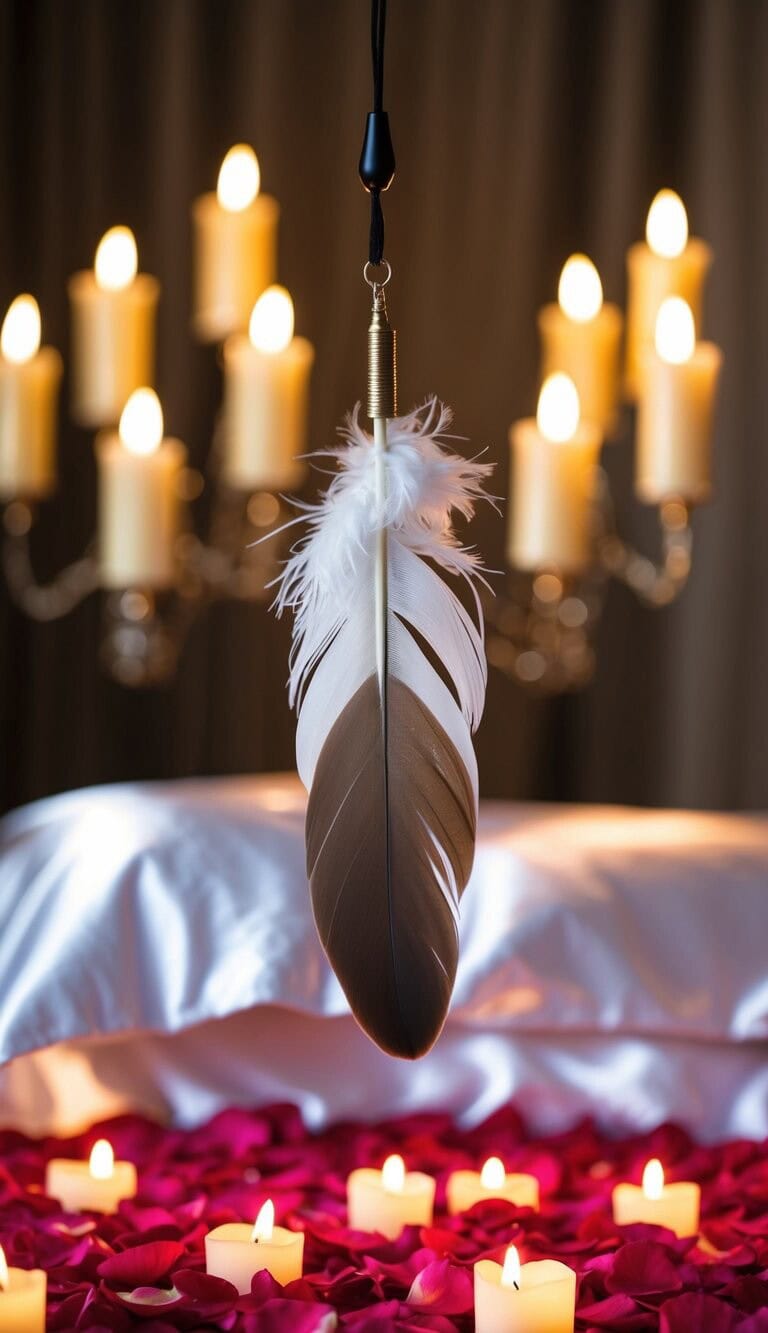 Un acariciador de plumas flota sobre un lecho de pétalos de rosa, rodeado de velas parpadeantes y sábanas de satén.