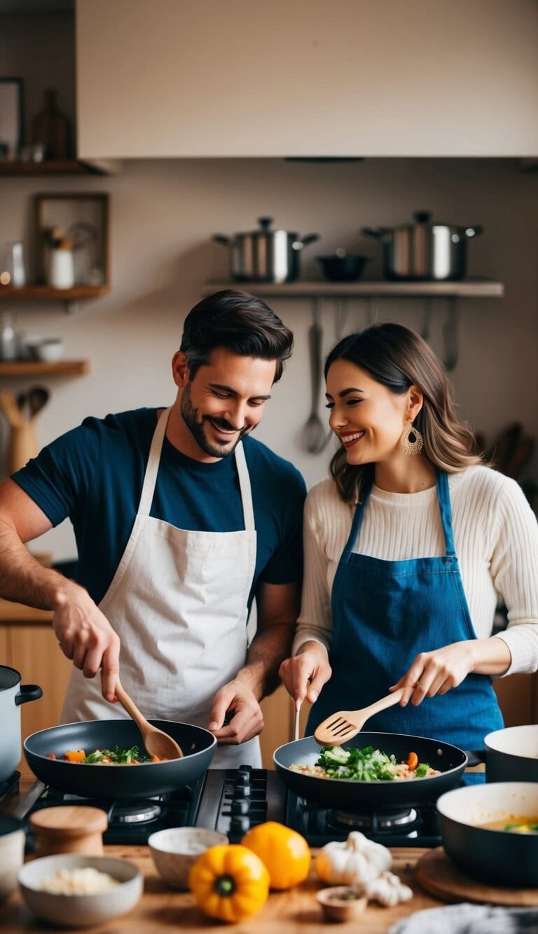 Una pareja cocinando junta en una cocina acogedora, rodeados de ollas, sartenes y ingredientes frescos. Están sonriendo y disfrutando de la compañía del otro mientras trabajan en su resolución de Año Nuevo de tomar clases de cocina.