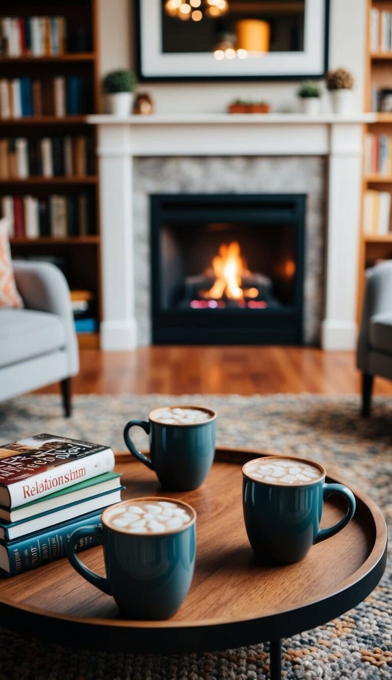 Una sala de estar acogedora con una estantería llena de libros sobre relaciones, una chimenea y dos tazas de chocolate caliente en una mesa de café.