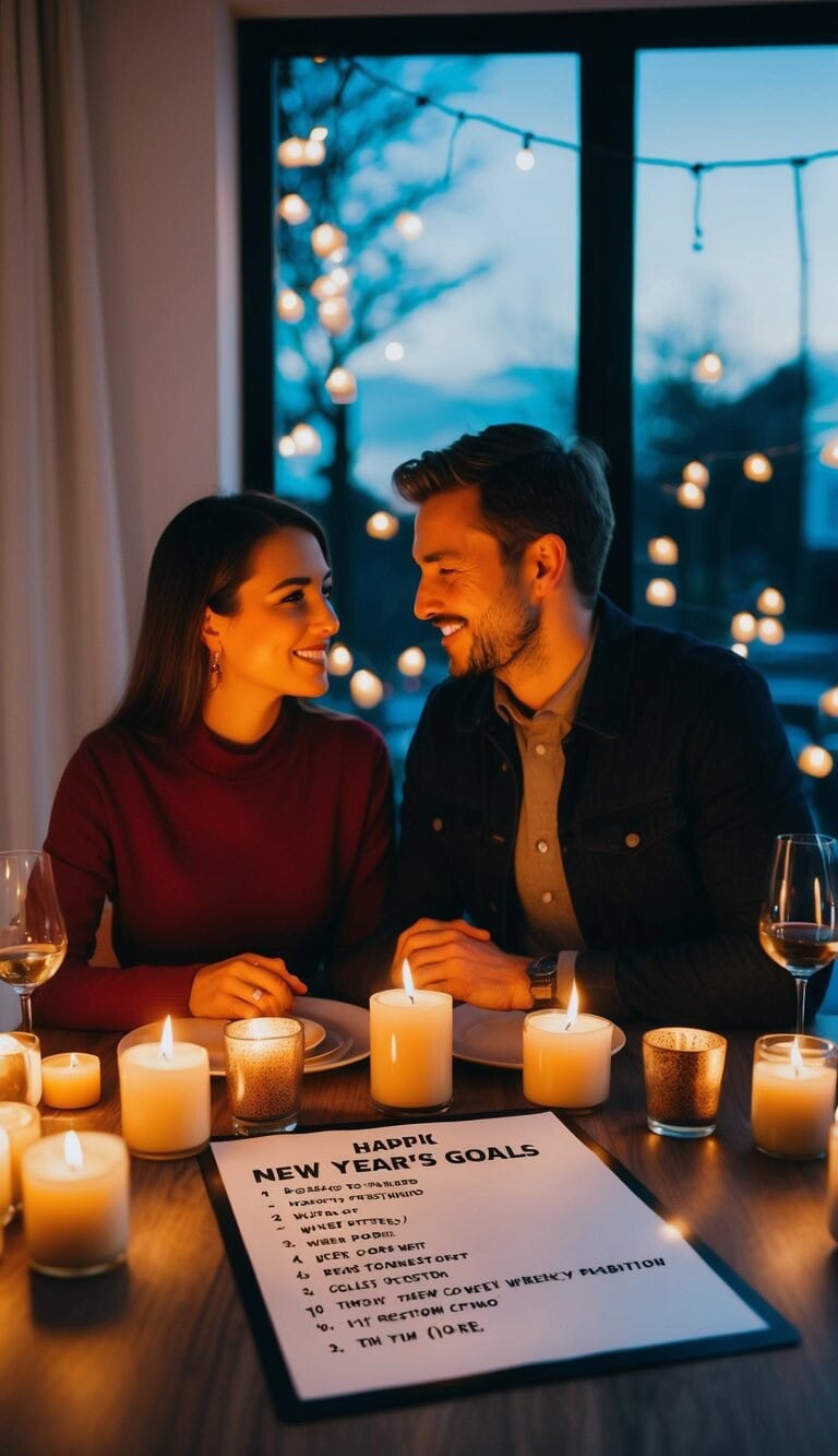 Una pareja sentada en una mesa acogedora, rodeada de velas y una lista de 14 metas de Año Nuevo, discutiendo y planificando su tradición semanal.