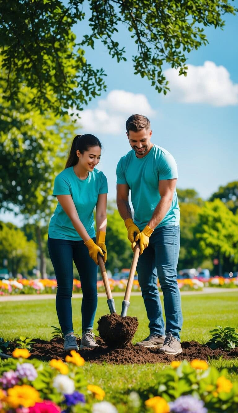 Una pareja voluntariando junta, plantando árboles en un parque verde y exuberante rodeado de flores coloridas y un cielo azul claro.