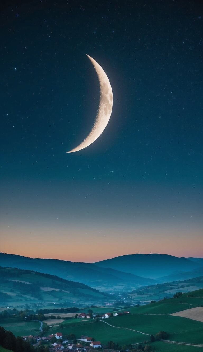 Un cielo estrellado con una luna creciente, proyectando un suave resplandor sobre un paisaje tranquilo de colinas ondulantes y un pacífico pueblo enclavado en el valle.