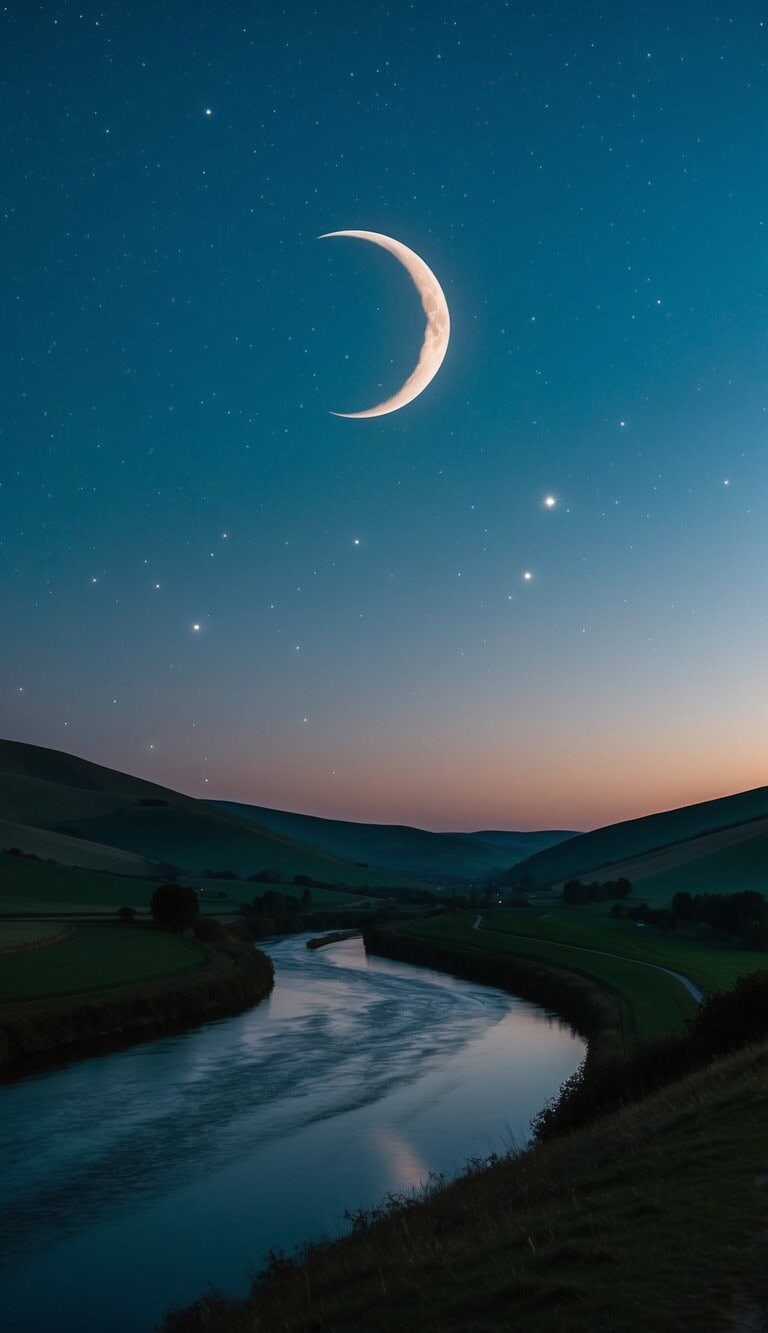 Un sereno cielo nocturno con una luna creciente y estrellas centelleantes, que proyectan un suave resplandor sobre un paisaje pacífico de colinas ondulantes y un río tranquilo.