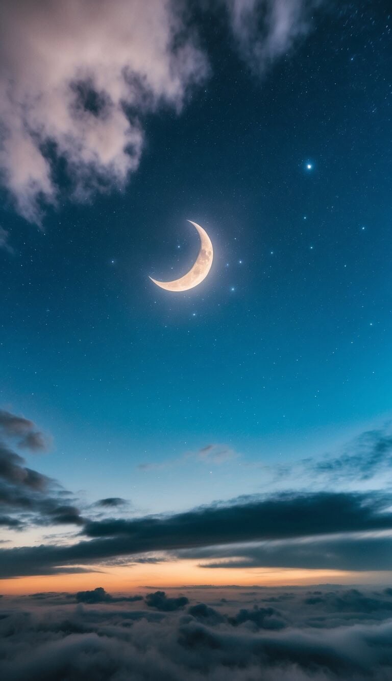 Un cielo nocturno pacífico con una luna creciente y estrellas centelleantes, rodeado de nubes flotantes y una atmósfera suave y serena.