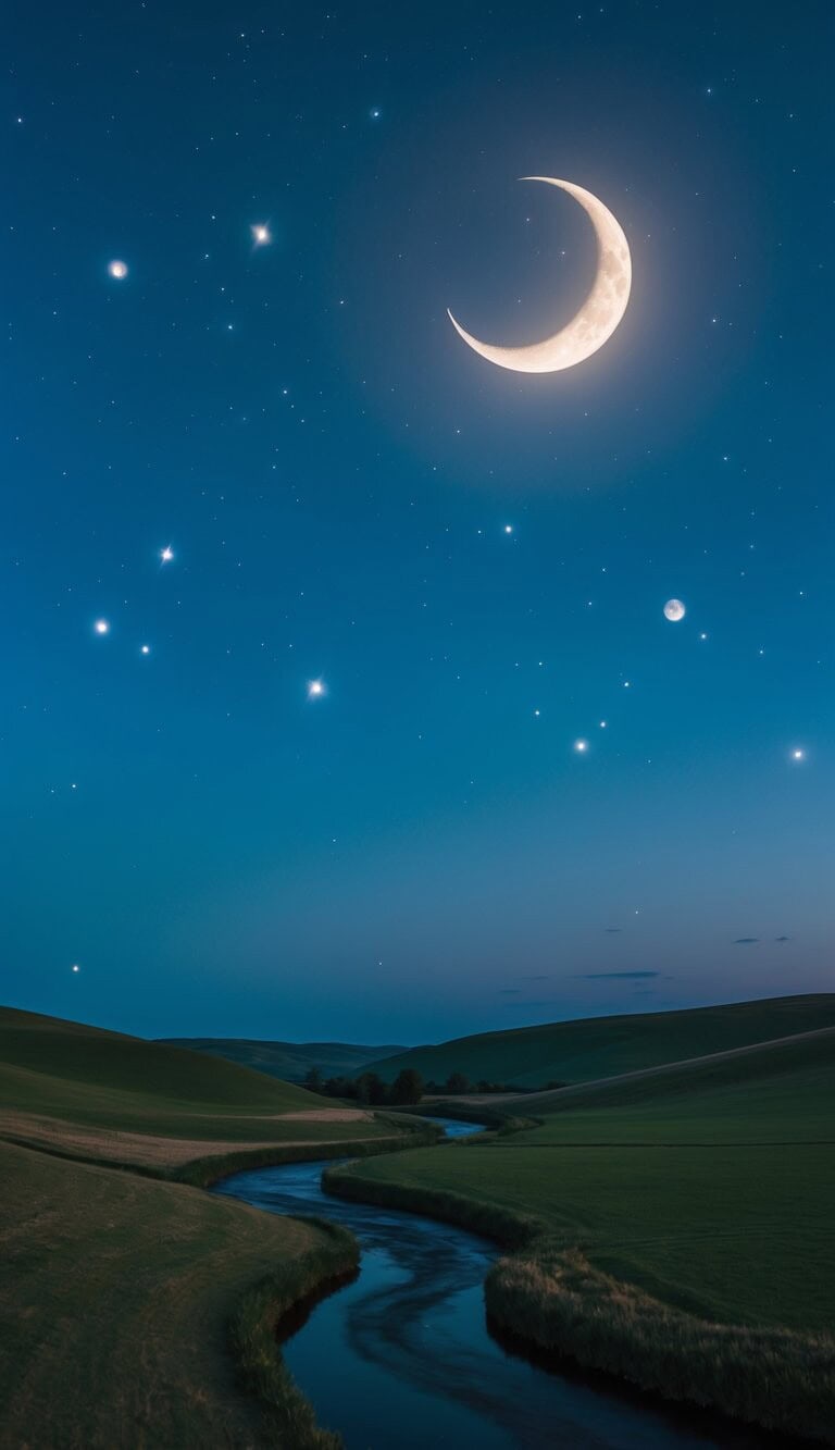 Un cielo nocturno pacífico con una luna creciente y estrellas centelleantes, que proyecta un resplandor sereno sobre un paisaje tranquilo de colinas ondulantes y ríos que fluyen.