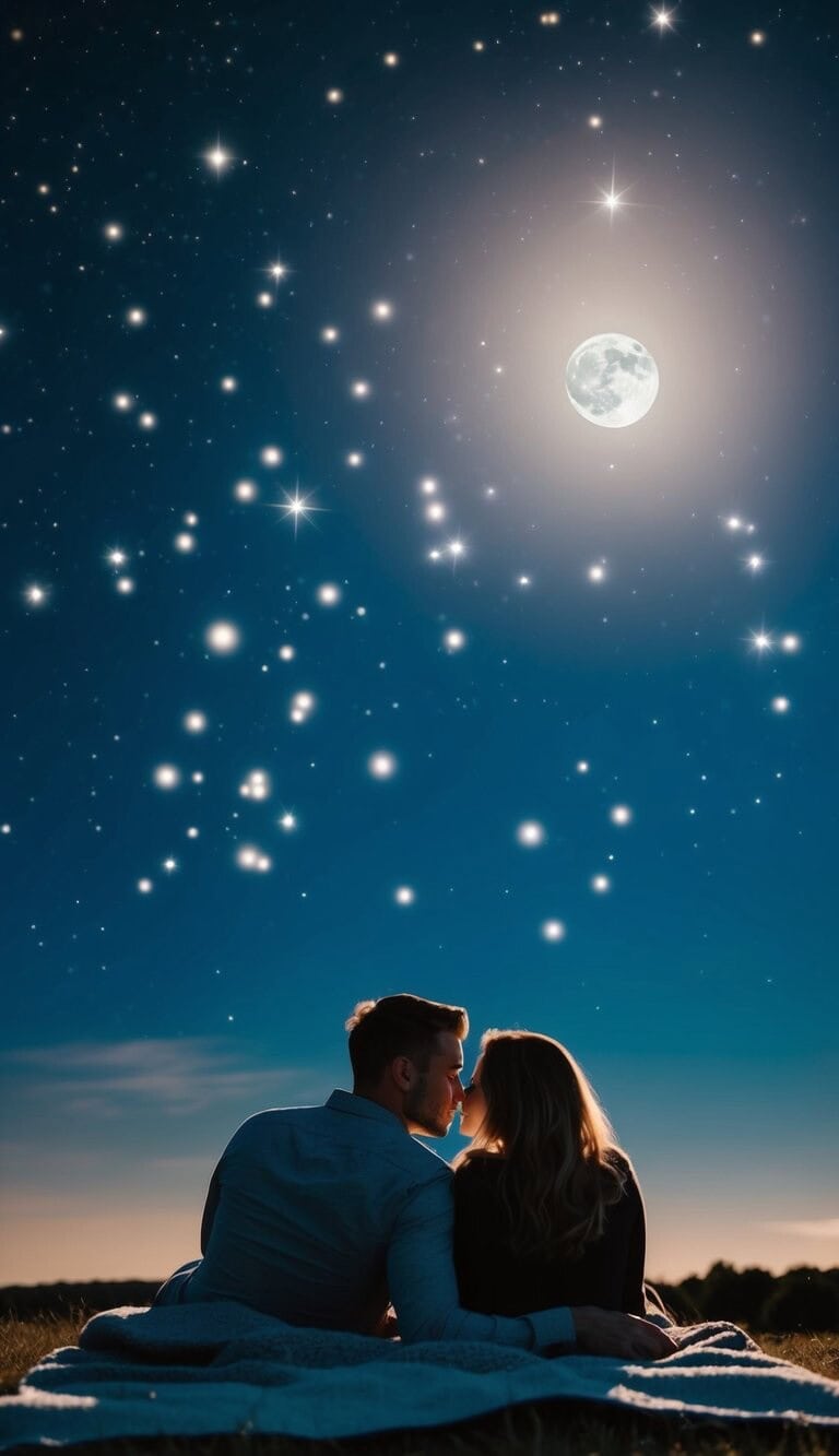 Una pareja acostada sobre una manta bajo un cielo estrellado, con la luna brillando intensamente y estrellas centelleantes dispersas por el oscuro lienzo azul de la noche.