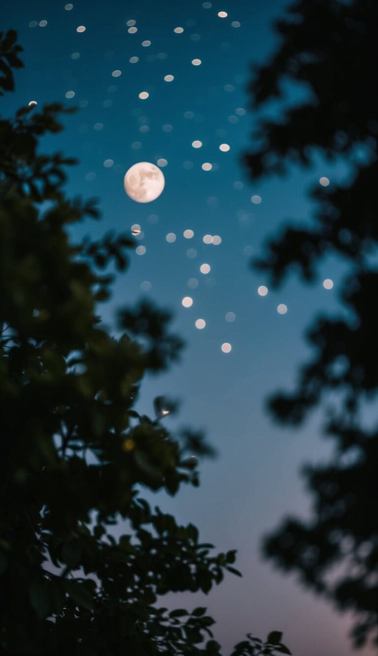 Una escena nocturna pacífica con un suave abrazo de oscuridad, estrellas titilando en el cielo y una suave luz de luna proyectando un brillo romántico