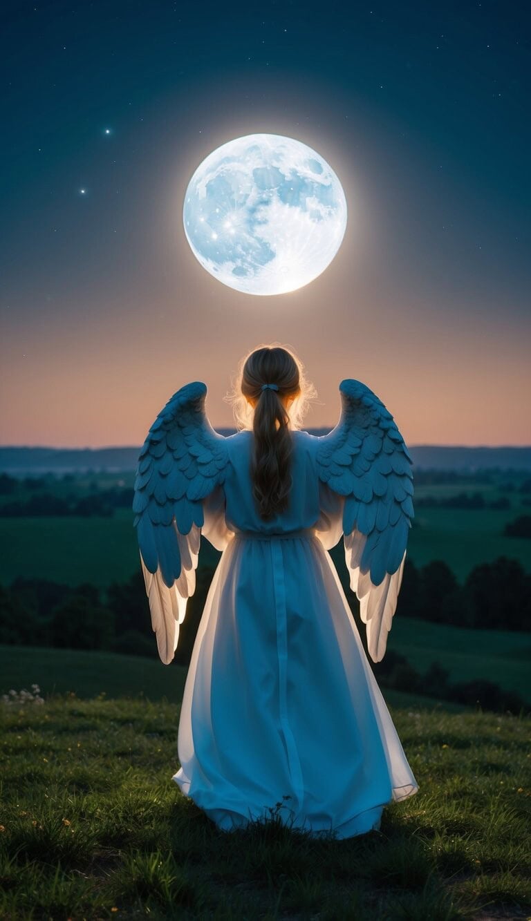 Un ángel guardián vigila un paisaje nocturno pacífico, con una luna llena que proyecta un suave resplandor sobre la escena.