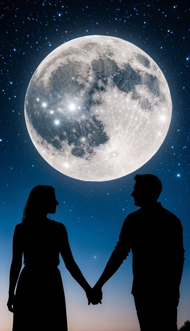 Una noche iluminada por la luna con dos figuras en silueta tomándose de la mano bajo un cielo estrellado