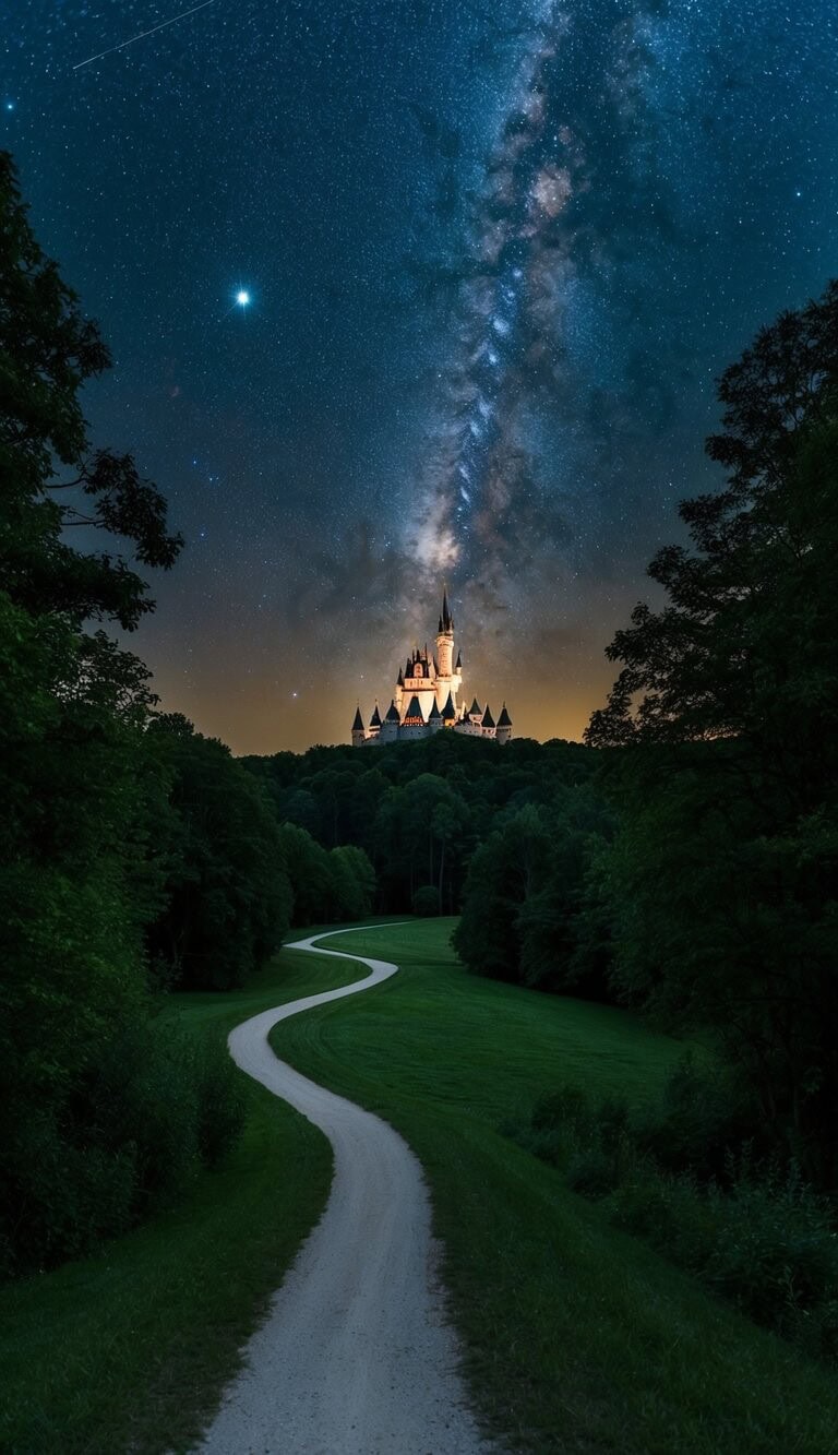 Un cielo estrellado sobre un bosque tranquilo, con un sendero serpenteante que conduce a un castillo brillante y encantador a lo lejos.