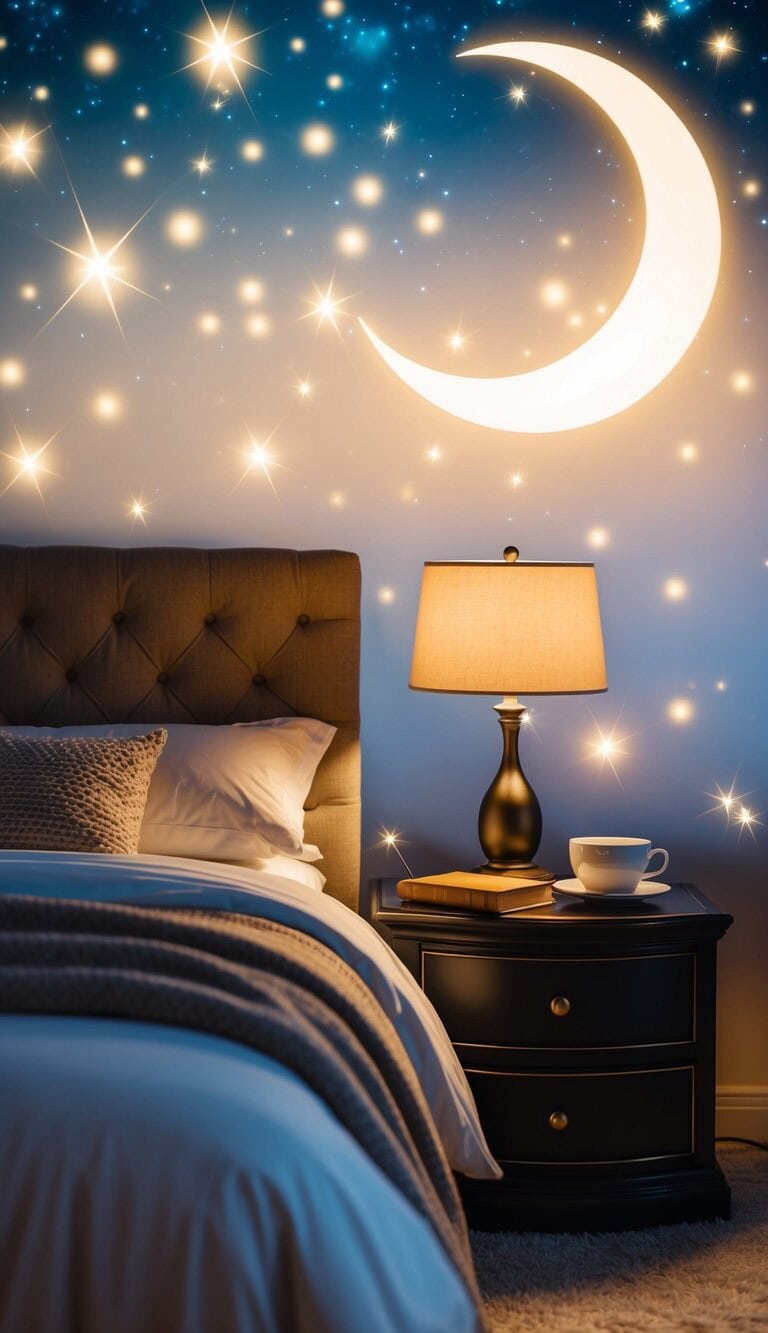 Una cama acogedora con una manta caliente y una mesita de noche con una lámpara, un libro y una taza de té, rodeada de estrellas centelleantes y una luna creciente.