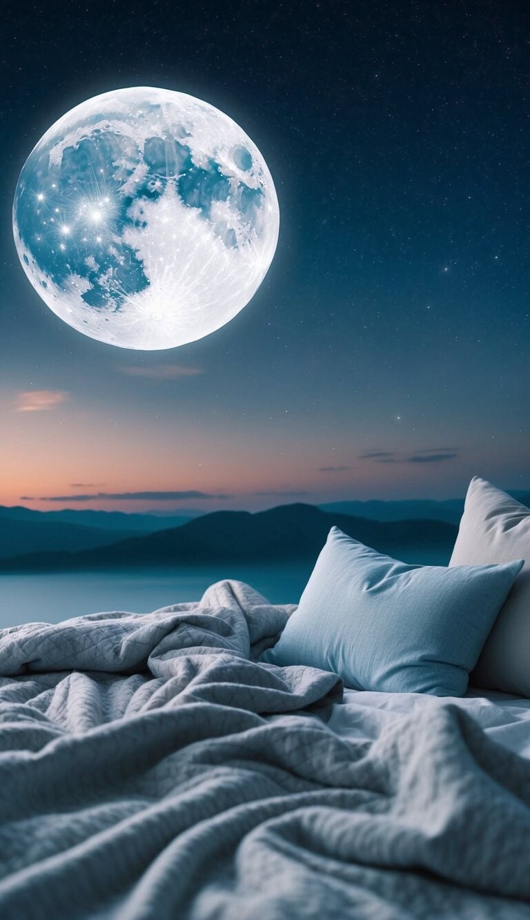 Un paisaje sereno iluminado por la luna con un cielo estrellado y pacífico, y una cama acogedora rodeada de suaves y reconfortantes almohadas y mantas.