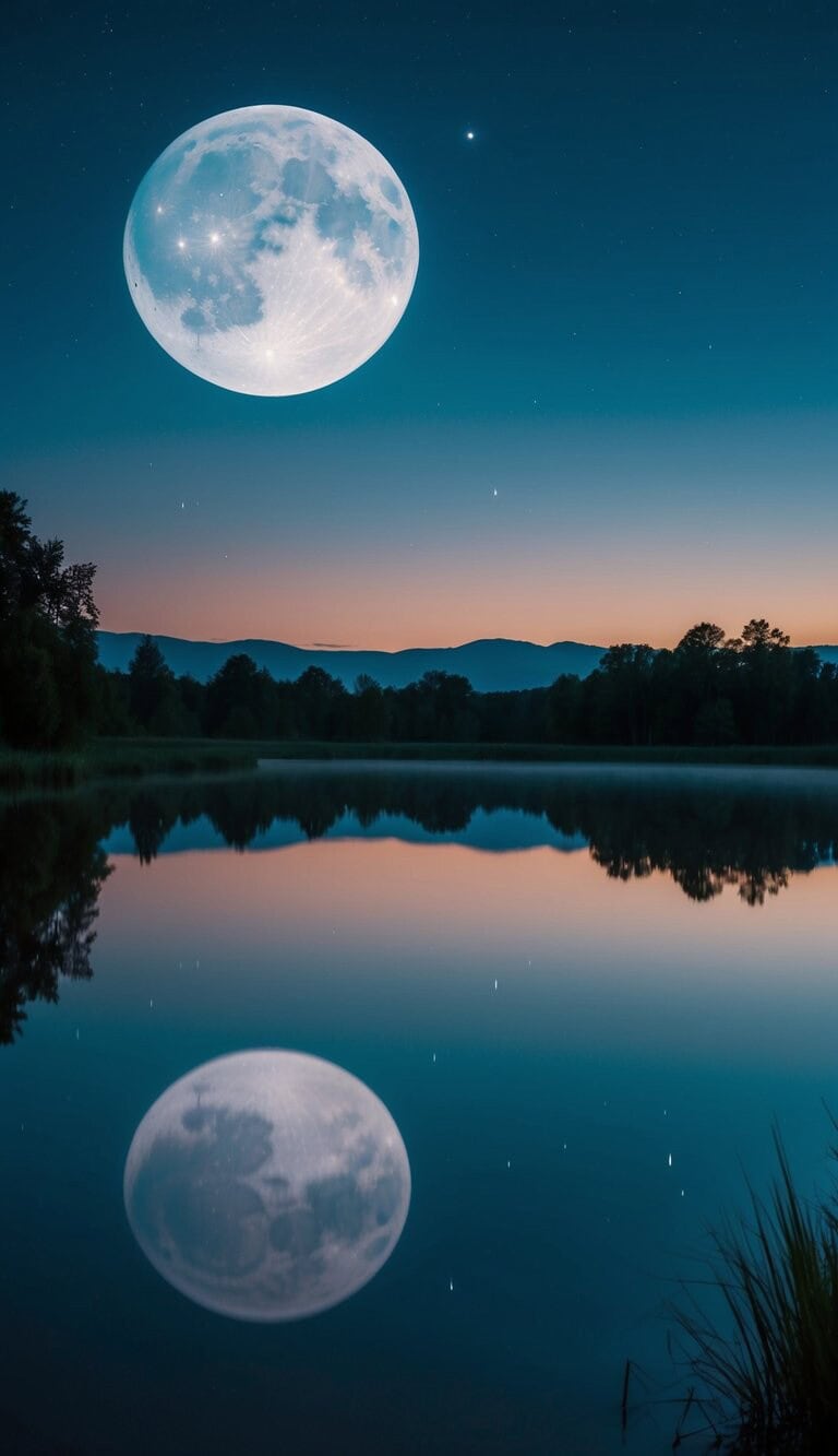Una escena nocturna tranquila con un cielo iluminado por la luna y un paisaje calmado y sereno