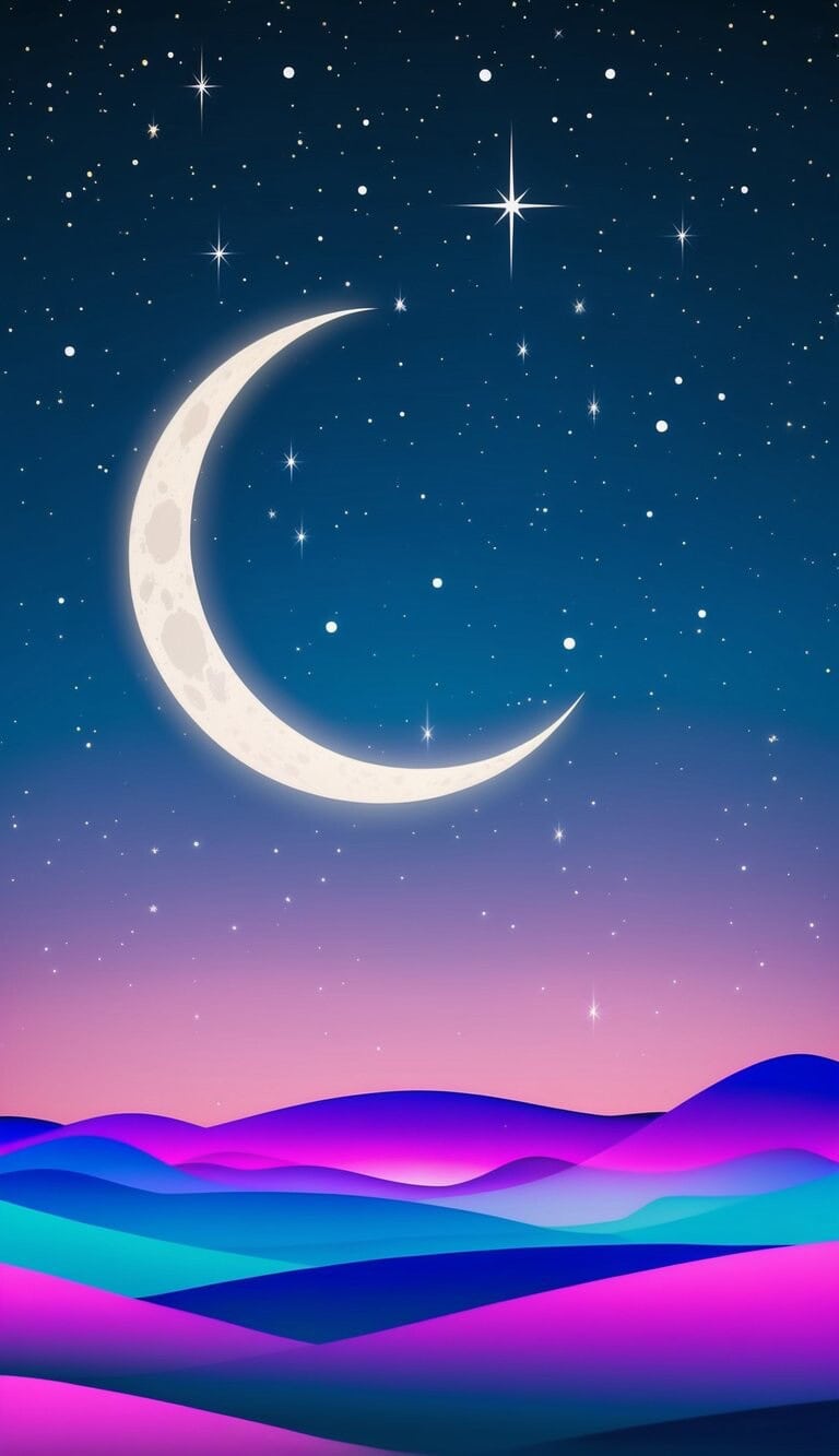 Una escena nocturna pacífica con un paisaje de ensueño colorido, una luna creciente y estrellas centelleantes arriba