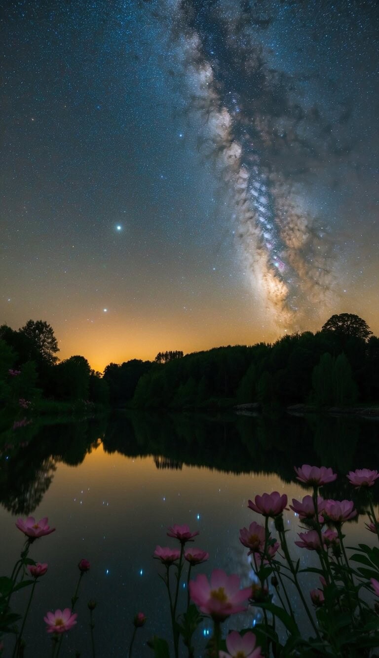 Un cielo nocturno sereno con estrellas reflejándose en agua tranquila, rodeado de flores en flor y una sensación de paz
