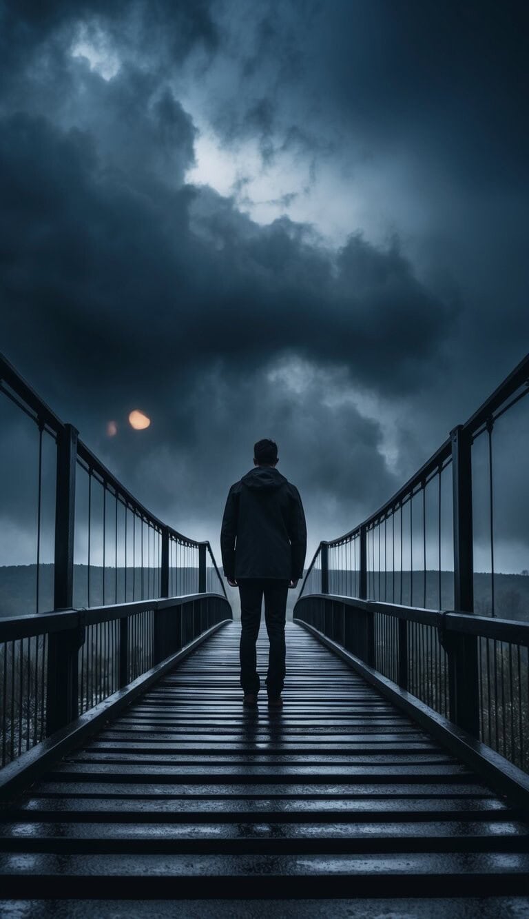 Una persona de pie sola en un paisaje oscuro y tormentoso, con un puente roto que simboliza la falta de apoyo en tiempos difíciles.