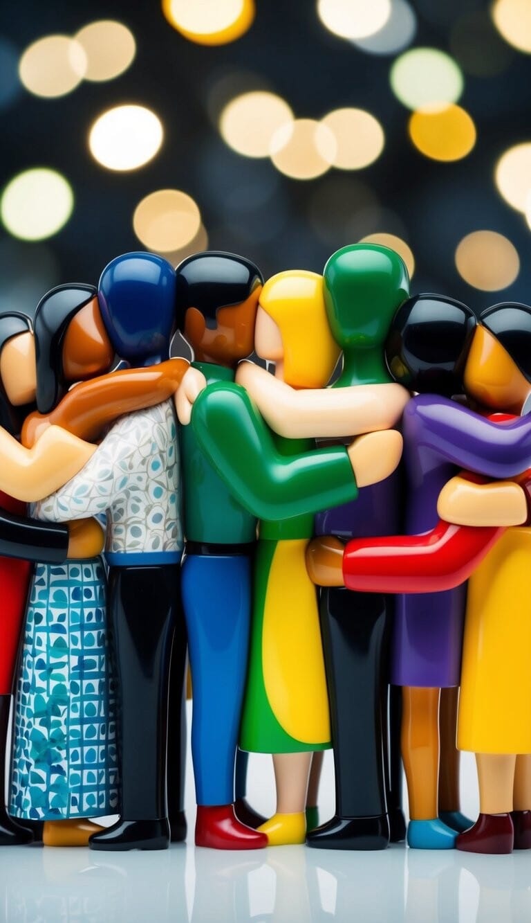 Un grupo diverso de figuras abstractas que representan diferentes culturas, cada una comprometida en un abrazo único, simbolizando los diversos significados de los abrazos en diferentes culturas.