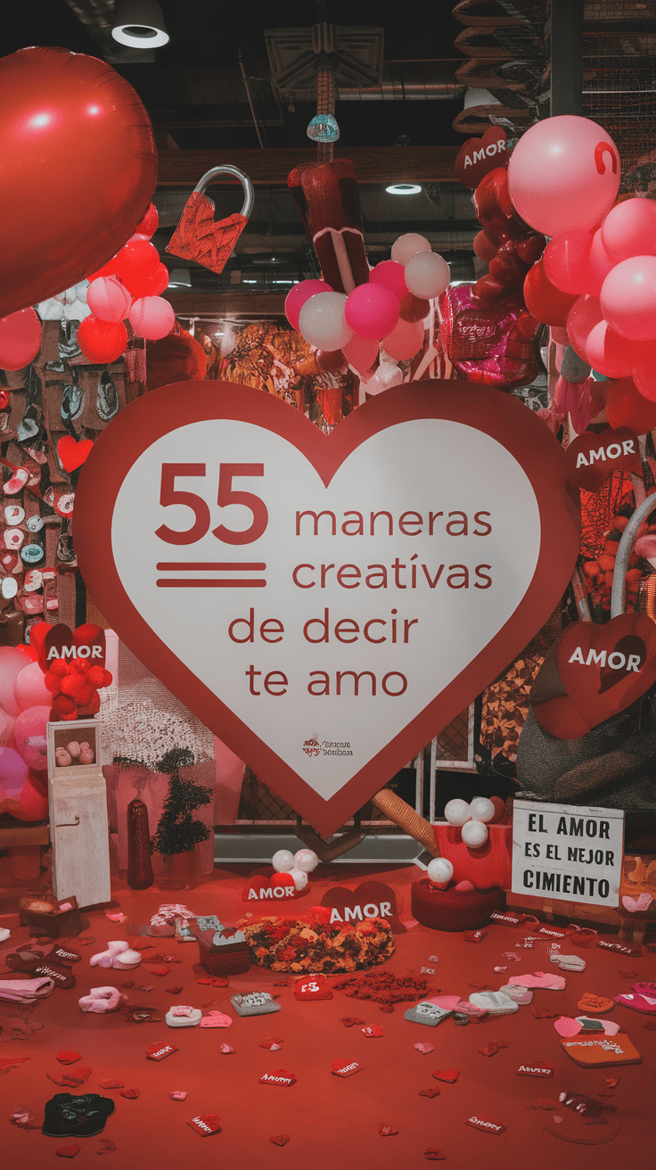 Una colorida variedad de actividades favoritas esparcidas alrededor de una exhibición en forma de corazón de 55 maneras creativas de decir "te amo."