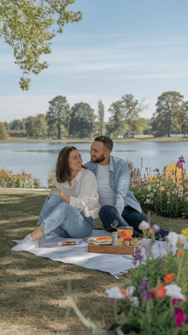 Una pareja disfrutando de un picnic sorpresa en el parque, rodeada de flores coloridas y un lago sereno