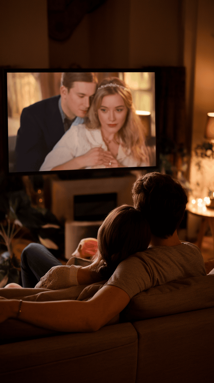 Una pareja se abraza en el sofá, viendo una película clásica de amor con luz tenue y un ambiente acogedor.