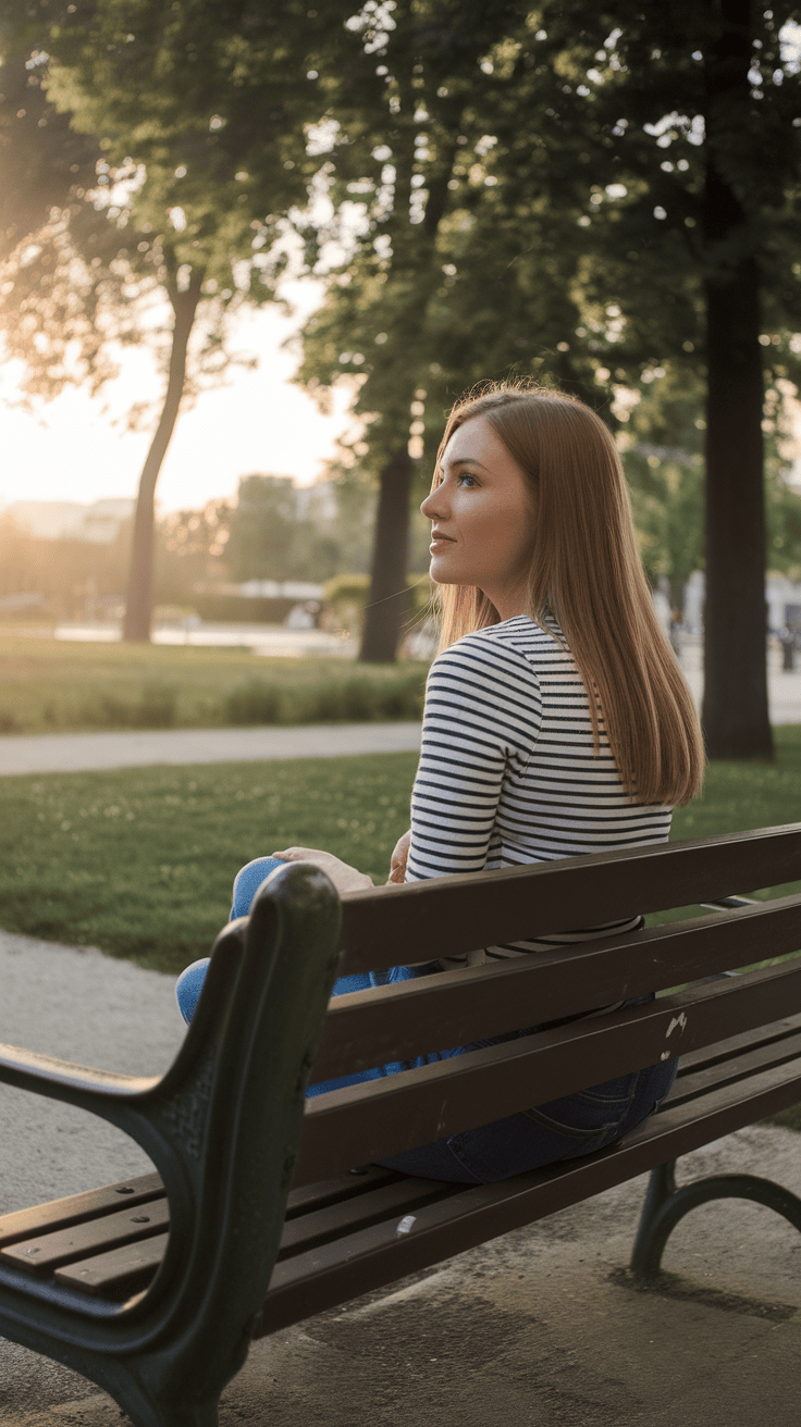 Una persona sentada sola en un banco del parque, mirando a la distancia con una expresión pensativa. El sol se está poniendo, proyectando un cálido resplandor sobre la escena.