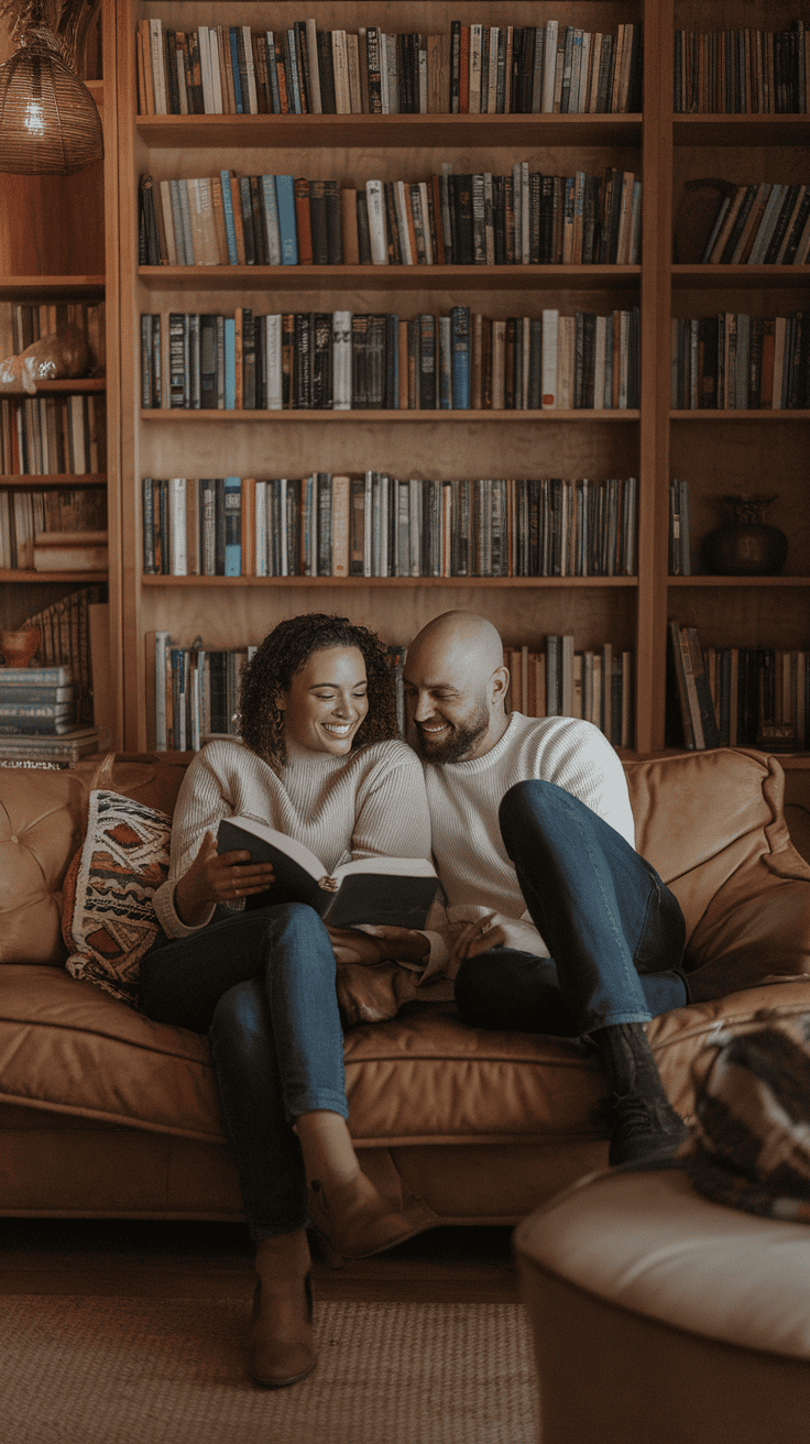 Una pareja en Una acogedora librería con estanterías llenas de libros, una cómoda área de lectura y una iluminación suave que crea una atmósfera cálida y acogedora.