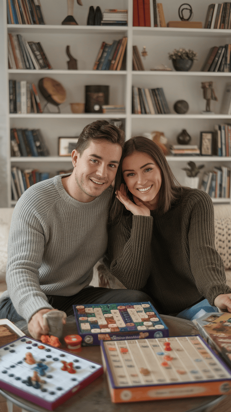 Una pareja en Una sala de estar acogedora con una mesa preparada para juegos de mesa clásicos, rodeada de parejas felices disfrutando de un fin de semana juntos.