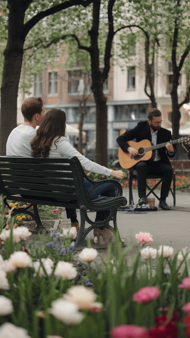 Una pareja sentada en un banco del parque, rodeada de flores en flor y tomados de la mano, mientras un músico les hace una serenata con una canción romántica.