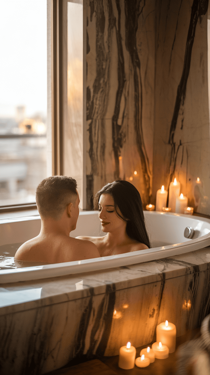 Un baño relajante con velas, creando una atmósfera romántica para parejas al comienzo de cada mes