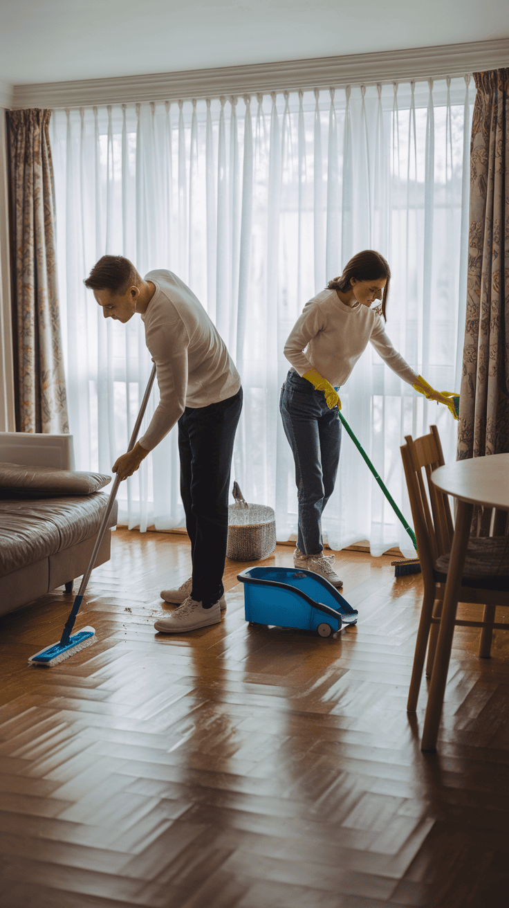 Una pareja trabajando junta para limpiar y organizar su hogar, dividiendo las tareas y responsabilidades de manera equitativa