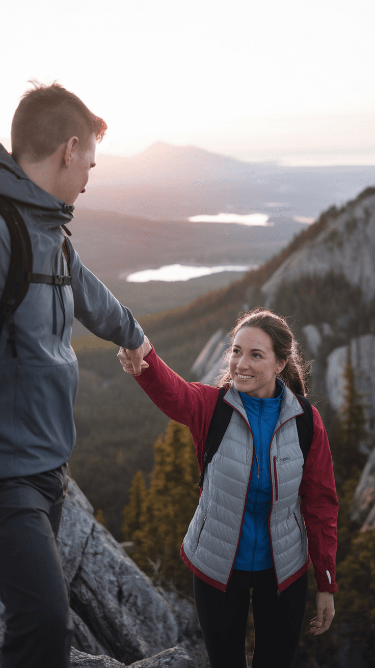 Un hombre de pie en la cima de una montaña, extendiendo la mano para ayudar a otra persona a escalar. El sol se está poniendo, proyectando un cálido resplandor sobre la escena.